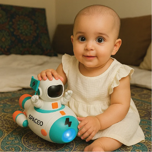 Baby holding a toy robot with 'SPACEO' branding on a patterned rug.