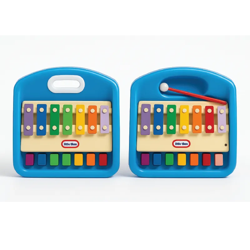 Two colorful toy xylophones with blue cases on a white background