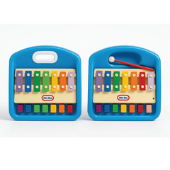 Two colorful toy xylophones with blue cases on a white background