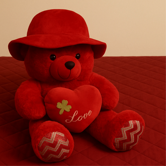 Red Teddy Bear with Hat & Heart Cushion (80–100 cm) – Love Gift Plush Toy