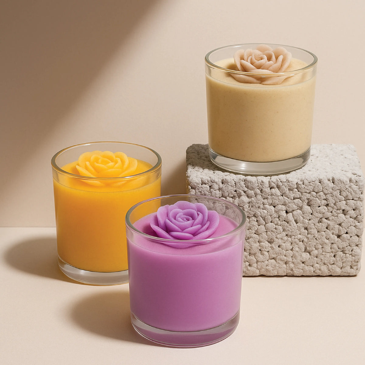 Three small glass containers with colorful rose-shaped candles on a textured surface.