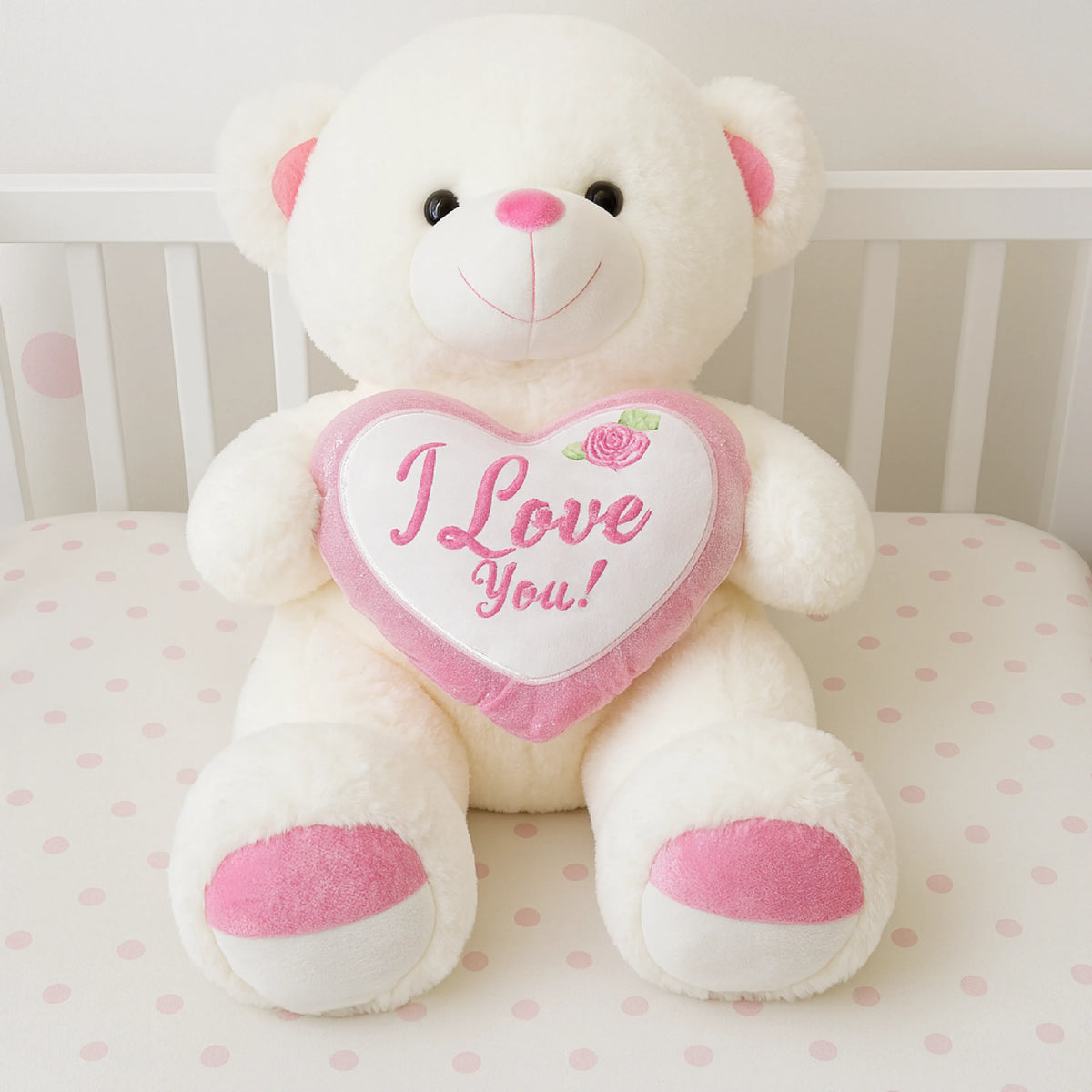White Teddy Bear with Pink Heart “I Love You” (70–90 cm) – Plush Gift Toy