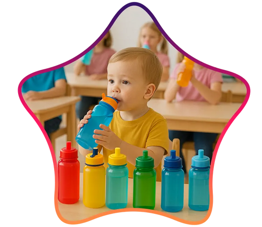 Child drinking from a colorful water bottle with more bottles displayed below in a classroom setting.