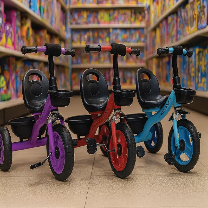 Durable Steel Frame Baby Tricycle with Basket  Purple, Red & Blue