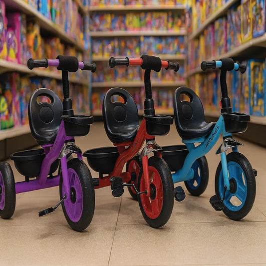 Durable Steel Frame Baby Tricycle with Basket  Purple, Red & Blue